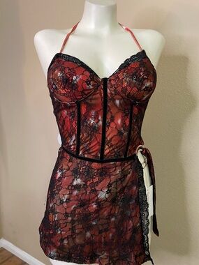Sister Party Red & Black Lace tunic bustier corset lingerie look top XS ❤️❤️